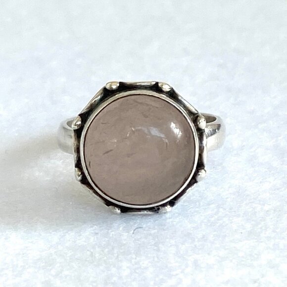 Sterling Silver 925 Round Bezel Set Rose Quartz Cabochon Band Ring Size 6 - Picture 11 of 16